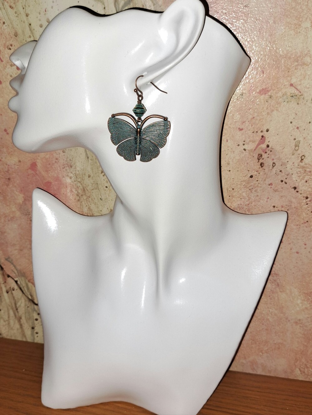 Verdigris Butterfly Drop Earrings with Antique Bronze Accents